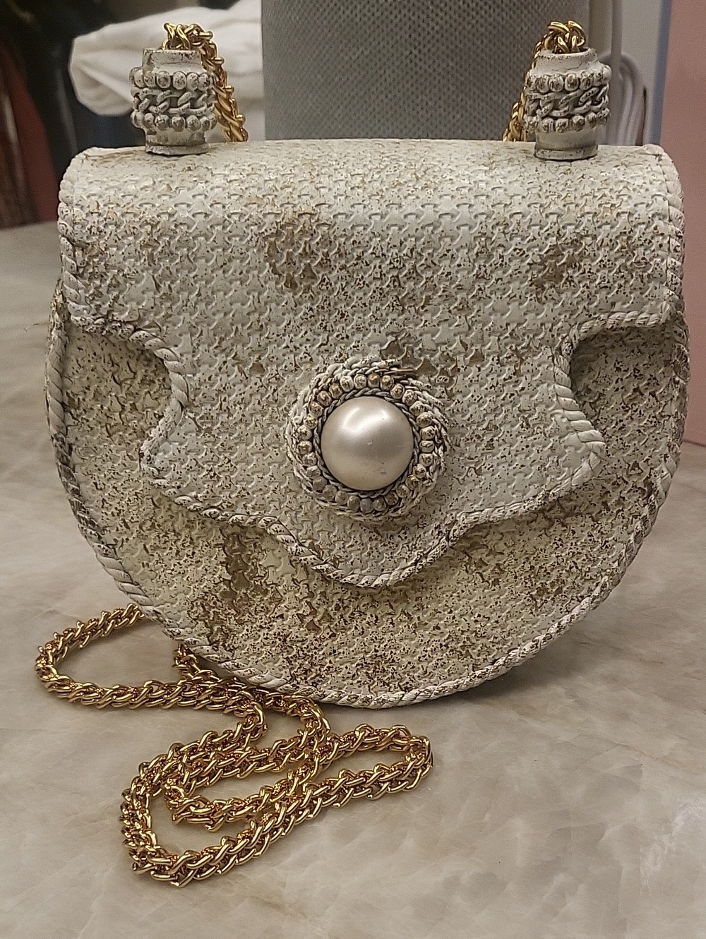 Cream Textured Crossbody Bag with Pearl Accent and Gold Chain